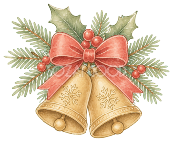 絵本タッチの金のベルと赤いリボンのクリスマスイラスト｜無料素材96231
