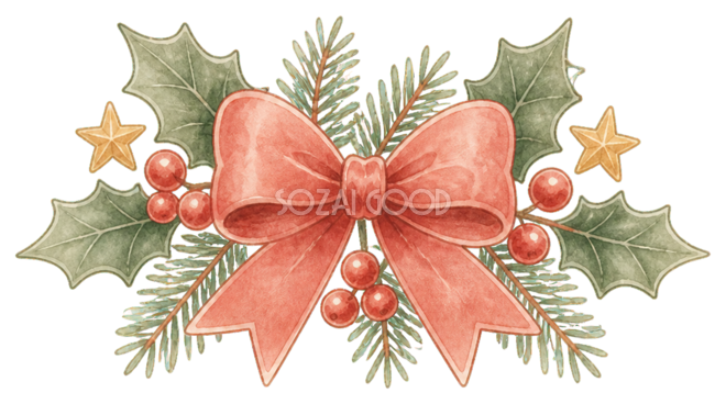 絵本タッチのヒイラギと赤いリボンのクリスマス飾りイラスト|無料素材96232