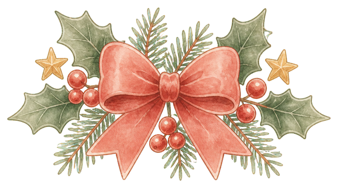 絵本タッチのヒイラギと赤いリボンのクリスマス飾りイラスト｜無料素材96232に写真・文字を入れる