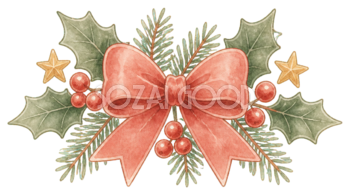 絵本タッチのヒイラギと赤いリボンのクリスマス飾りイラスト｜無料素材96232