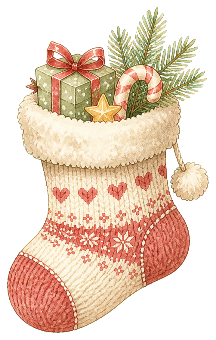 絵本タッチのプレゼント入りクリスマス靴下イラスト｜無料素材96233に写真・文字を入れる