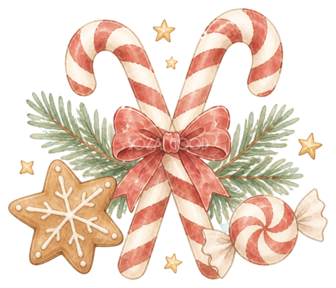 絵本タッチのキャンディケインとお菓子のクリスマスイラスト｜無料素材96234