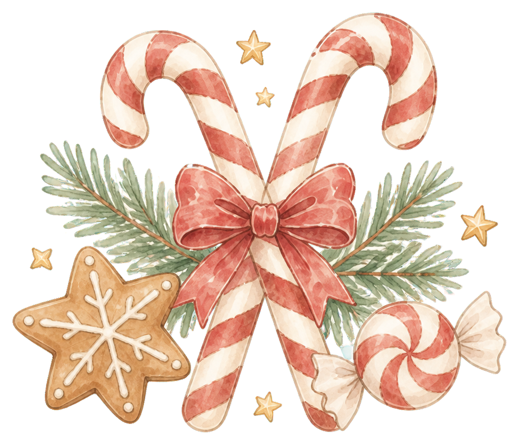 絵本タッチのキャンディケインとお菓子のクリスマスイラスト｜無料素材96234に写真・文字を入れる