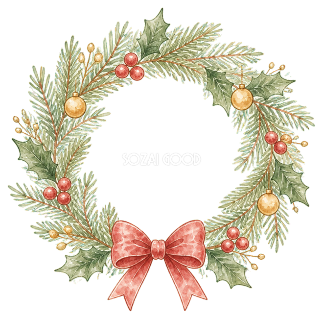 絵本タッチの赤いリボンのミニクリスマスリースイラスト|無料素材96235