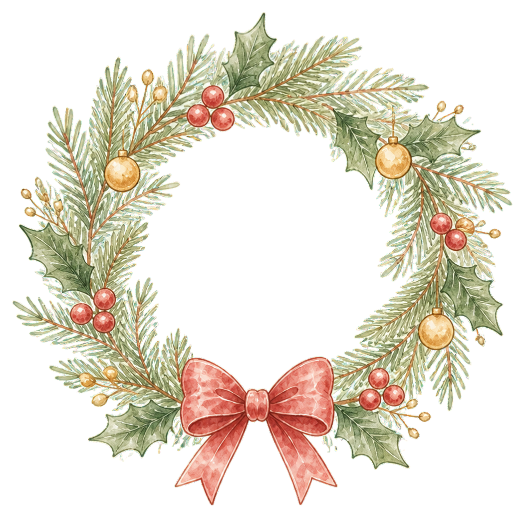 絵本タッチの赤いリボンのミニクリスマスリースイラスト｜無料素材96235に写真・文字を入れる