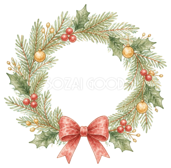 絵本タッチの赤いリボンのミニクリスマスリースイラスト｜無料素材96235