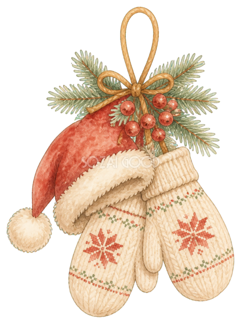 絵本タッチのサンタ帽と手袋のクリスマス飾りイラスト｜無料素材96240