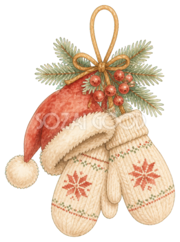 絵本タッチのサンタ帽と手袋のクリスマス飾りイラスト｜無料素材96240
