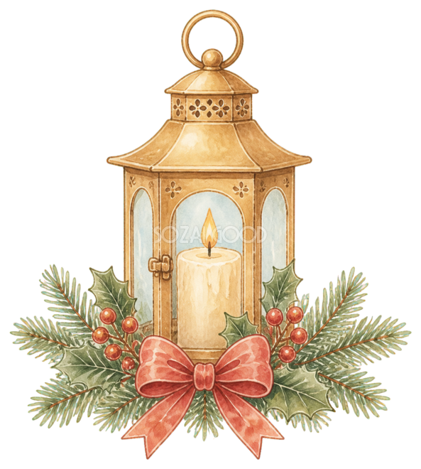 絵本タッチのランタンとキャンドルのクリスマスイラスト｜無料素材96241