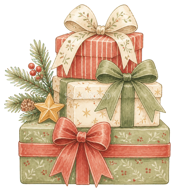 絵本タッチのリボン付きクリスマスプレゼントイラスト｜無料素材96244