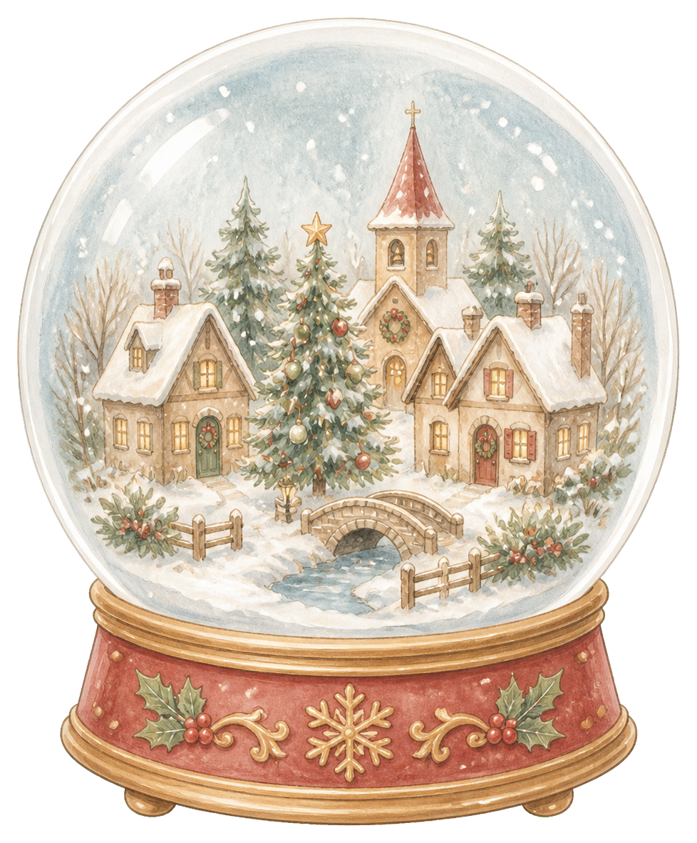 絵本タッチの雪の村のクリスマススノードームイラスト｜無料素材96247に写真・文字を入れる