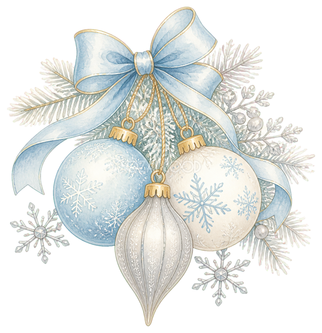絵本タッチの青白銀クリスマスオーナメントイラスト|上品な無料素材96248