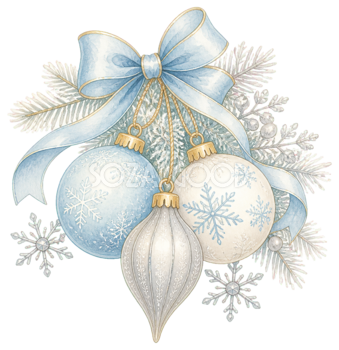 絵本タッチの青白銀クリスマスオーナメントイラスト｜上品な無料素材96248