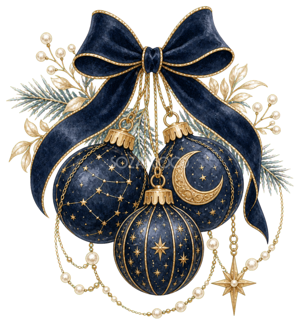 紺と金の星月クリスマスオーナメントイラスト｜無料素材96254