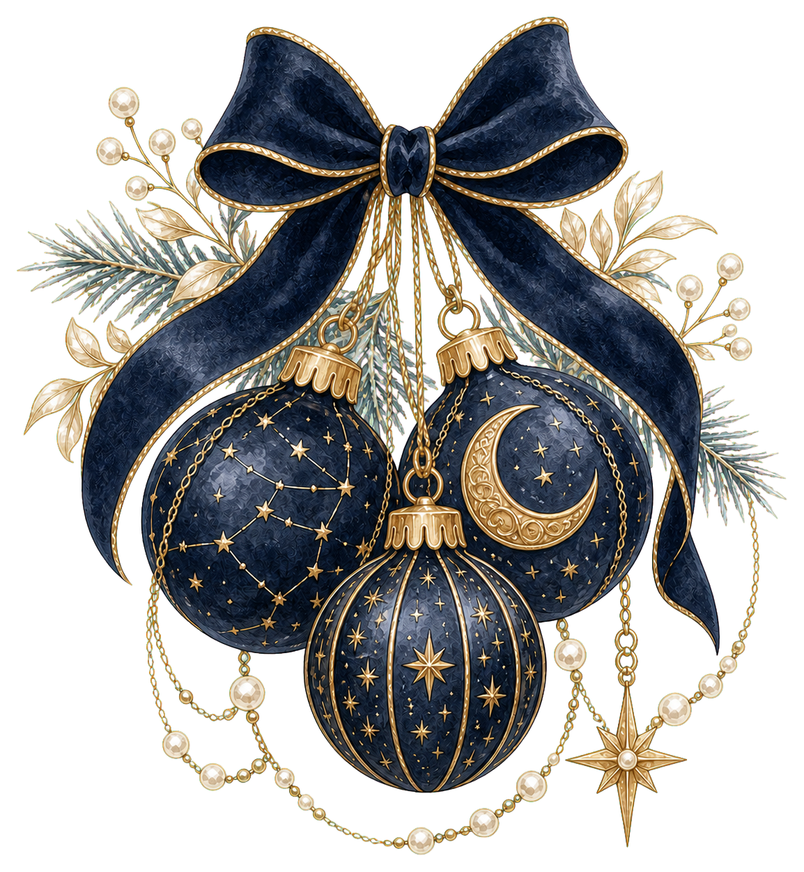 紺と金の星月クリスマスオーナメントイラスト｜無料素材96254に写真・文字を入れる