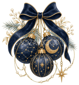 紺と金の星月クリスマスオーナメントイラスト｜無料素材96254