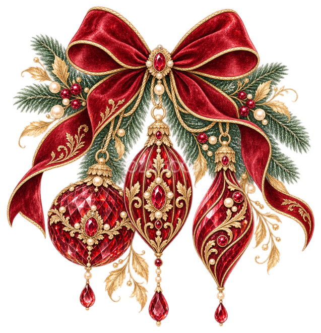 深紅と金の宝石風クリスマスオーナメントイラスト｜無料素材96266
