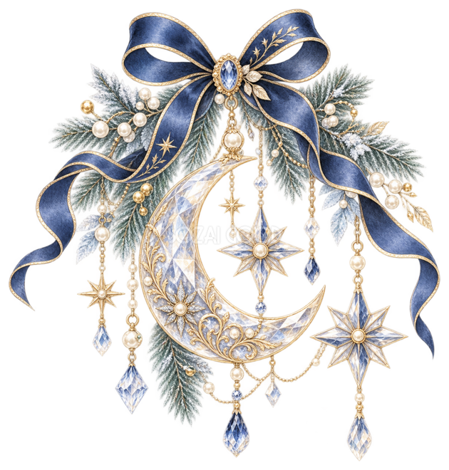 月と星のクリスタルクリスマスオーナメントイラスト|無料素材96270