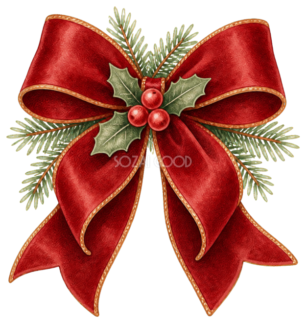赤いベルベットのクリスマスリボンの水彩絵本タッチイラスト|無料素材96274