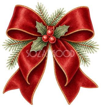 赤いベルベットのクリスマスリボンの水彩絵本タッチイラスト｜無料素材96274