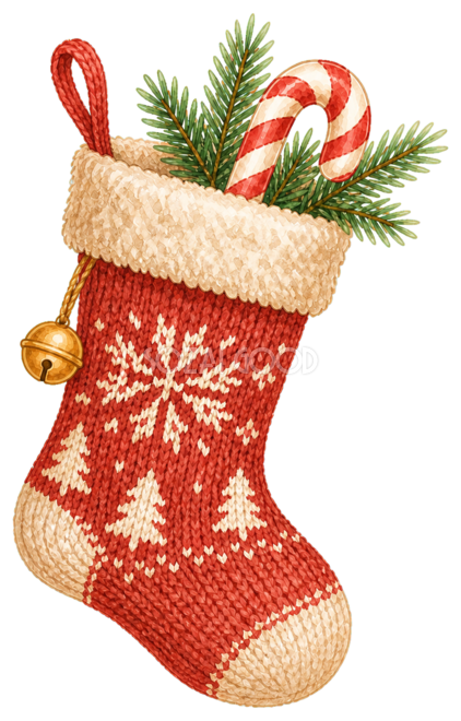 赤いニットのクリスマス靴下の水彩絵本タッチイラスト｜無料素材96276