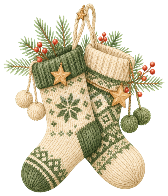 白と緑の編み柄クリスマス靴下の水彩絵本タッチイラスト|無料素材96277