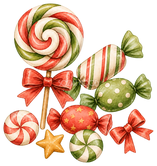 クリスマスキャンディとロリポップの水彩絵本タッチイラスト|無料素材96279