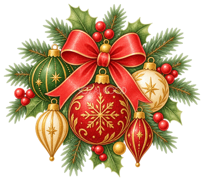 赤緑金のクリスマスボールの水彩絵本タッチイラスト|無料素材96280