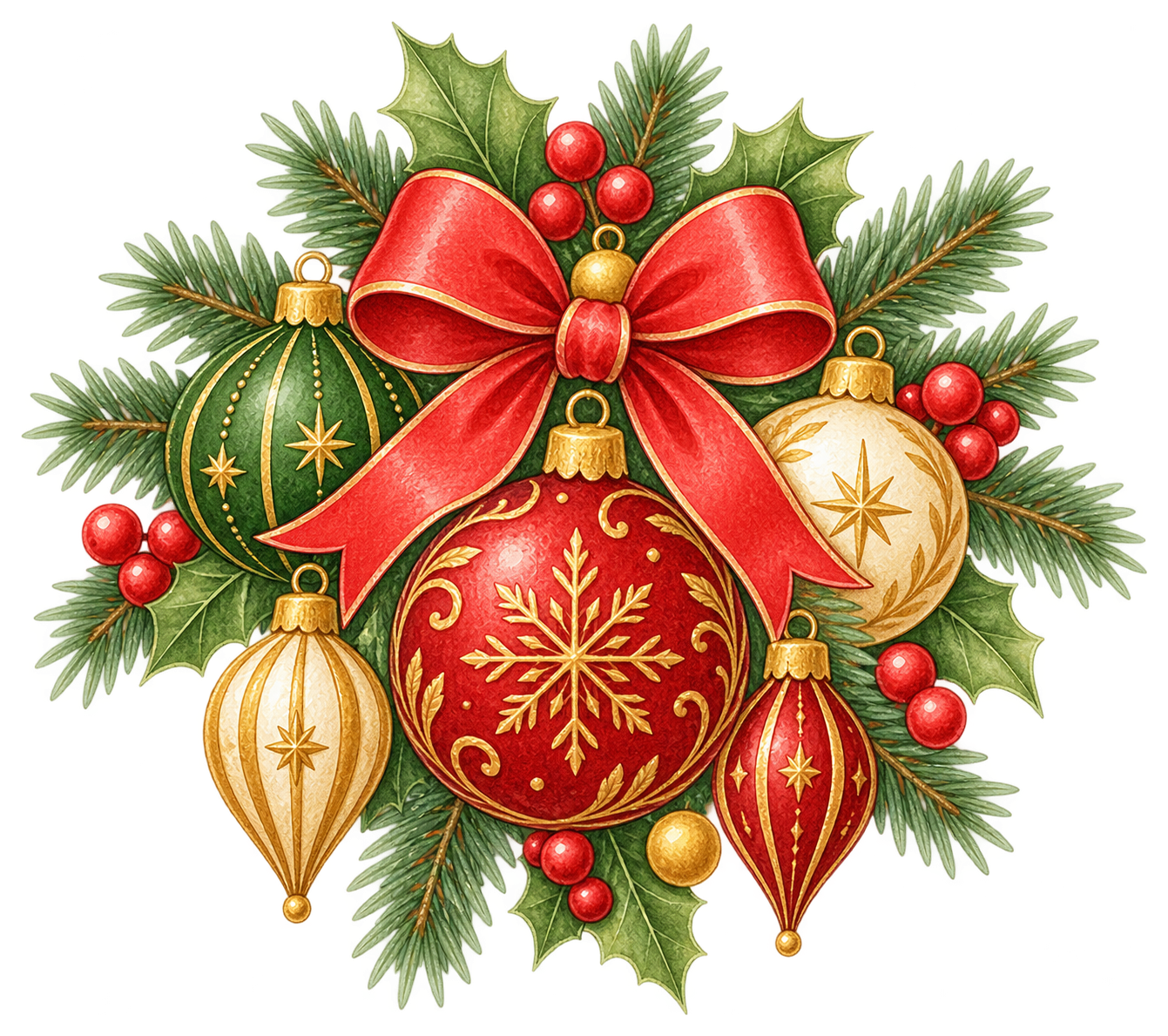 赤緑金のクリスマスボールの水彩絵本タッチイラスト｜無料素材96280に写真・文字を入れる