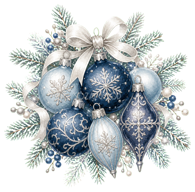 青白銀のクリスマスボールの水彩絵本タッチイラスト｜無料素材96281