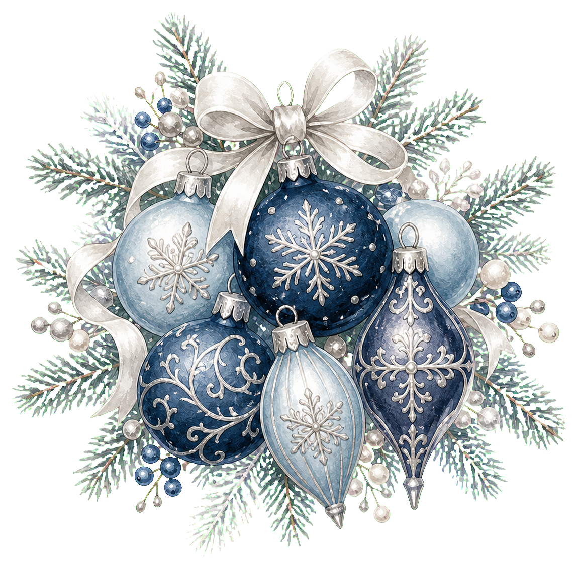 青白銀のクリスマスボールの水彩絵本タッチイラスト｜無料素材96281に写真・文字を入れる