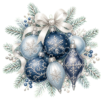 青白銀のクリスマスボールの水彩絵本タッチイラスト｜無料素材96281