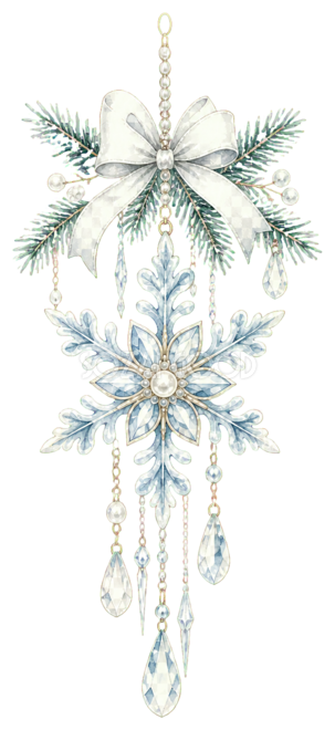 雪の結晶とクリスタル吊り飾りの水彩絵本タッチイラスト|無料素材96282