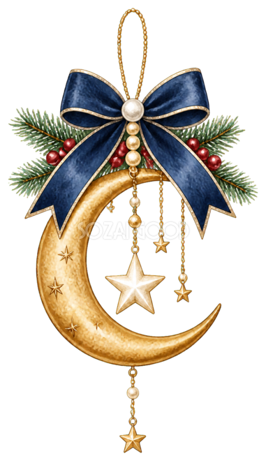 星と月のクリスマス吊り飾りの水彩絵本タッチイラスト｜無料素材96283