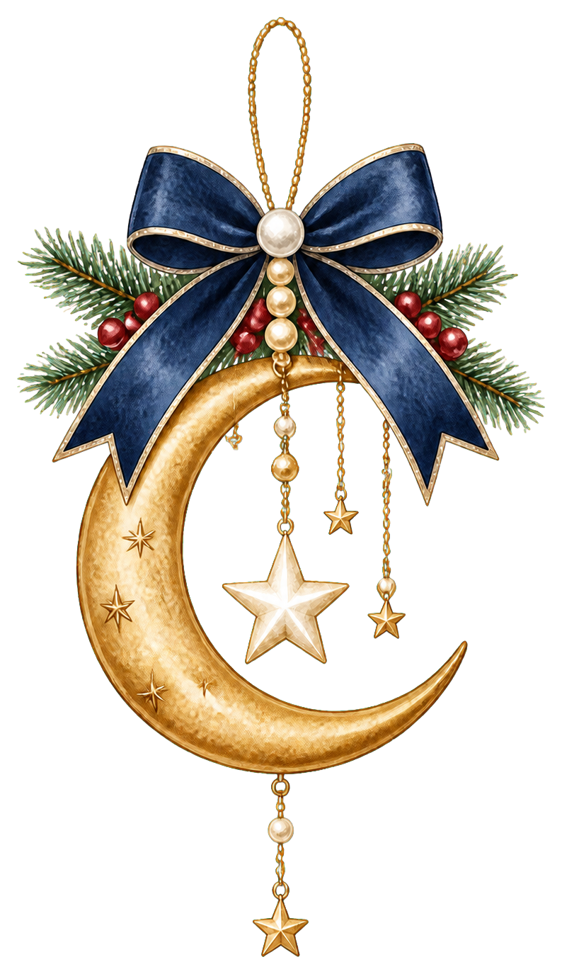 星と月のクリスマス吊り飾りの水彩絵本タッチイラスト｜無料素材96283に写真・文字を入れる