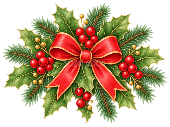 ヒイラギと赤い実のクリスマス飾りの水彩絵本タッチイラスト｜無料素材96284