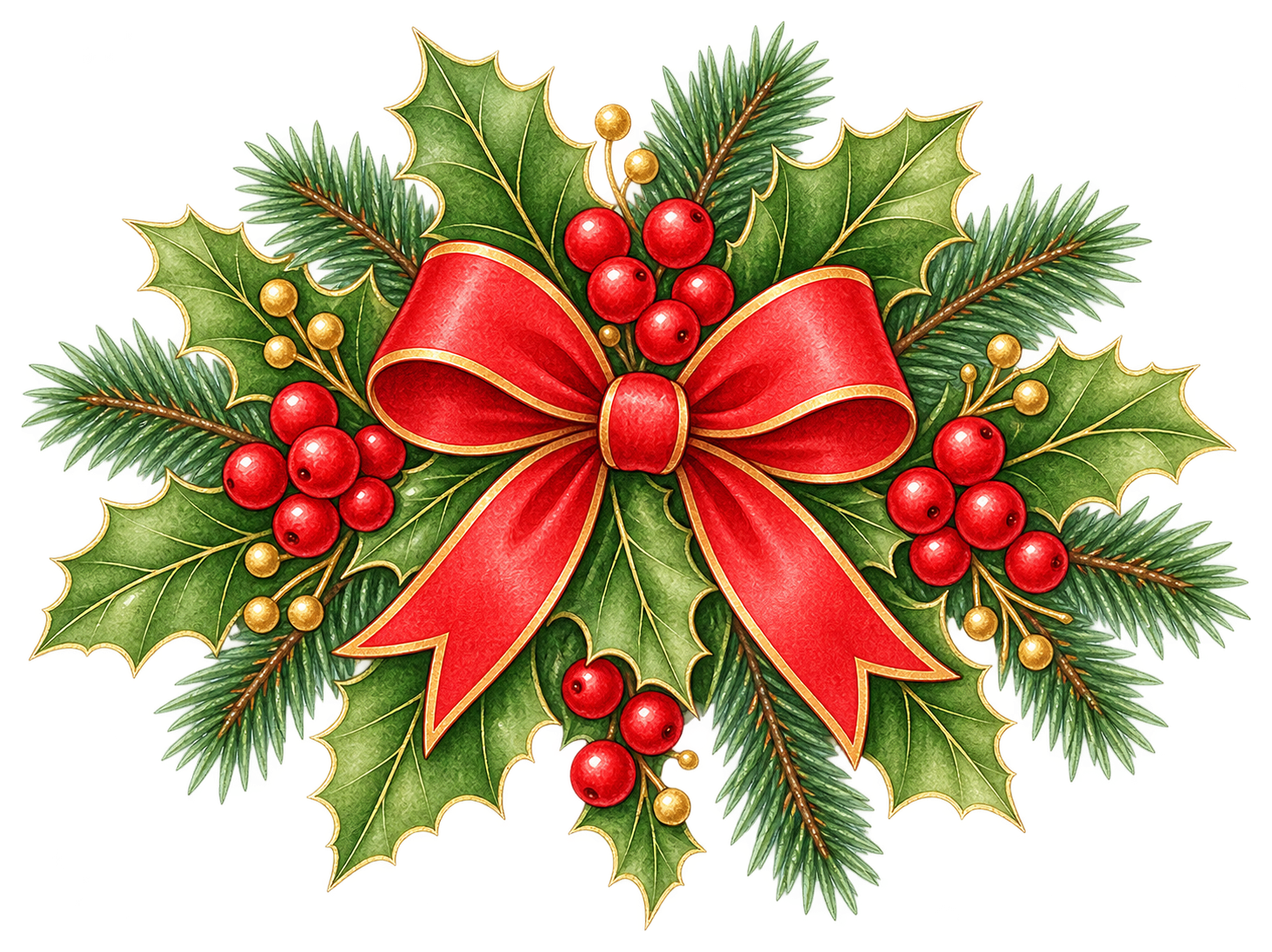 ヒイラギと赤い実のクリスマス飾りの水彩絵本タッチイラスト｜無料素材96285に写真・文字を入れる