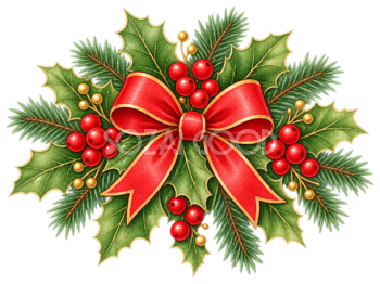 ヒイラギと赤い実のクリスマス飾りの水彩絵本タッチイラスト｜無料素材96285