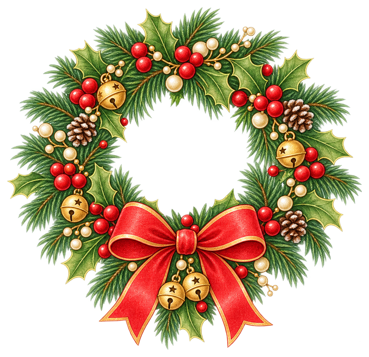赤いリボンのミニクリスマスリースの水彩絵本タッチイラスト｜無料素材96287に写真・文字を入れる
