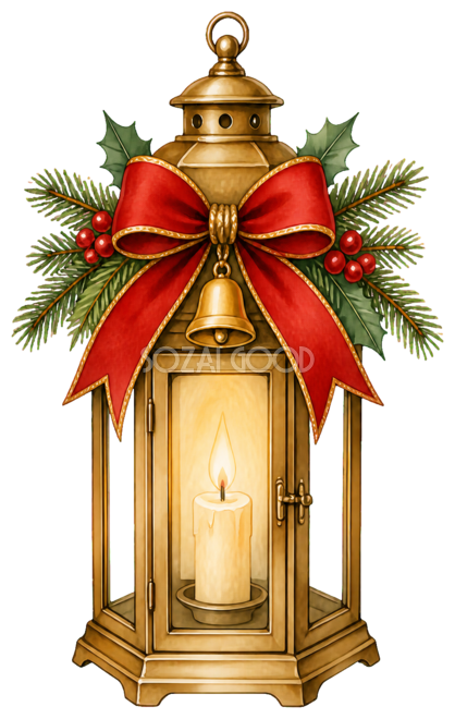 キャンドルランタンのクリスマス飾りの水彩絵本タッチイラスト｜無料素材96290
