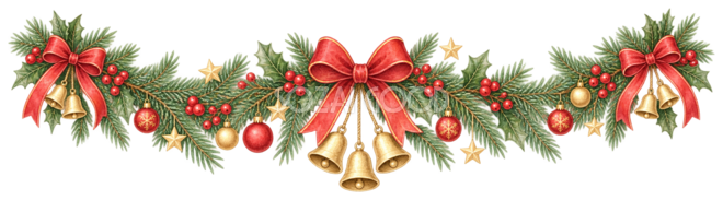赤と金の王道クリスマスガーランドイラスト｜水彩絵本タッチの無料素材96294