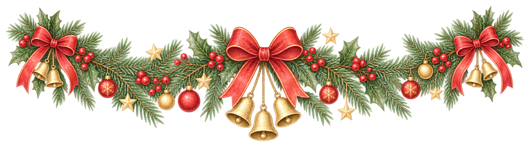 赤と金の王道クリスマスガーランドイラスト｜水彩絵本タッチの無料素材96294に写真・文字を入れる