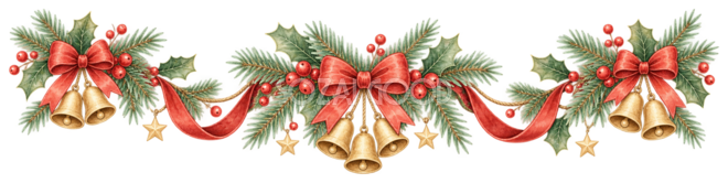 ベルとヒイラギのクリスマスガーランドイラスト|水彩絵本タッチの無料素材96295