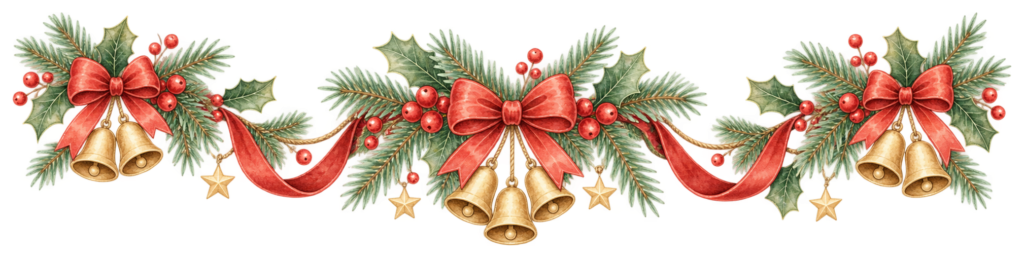 ベルとヒイラギのクリスマスガーランドイラスト｜水彩絵本タッチの無料素材96295に写真・文字を入れる