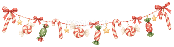 キャンディケインと飴のクリスマスガーランドイラスト|水彩絵本タッチの無料素材96296
