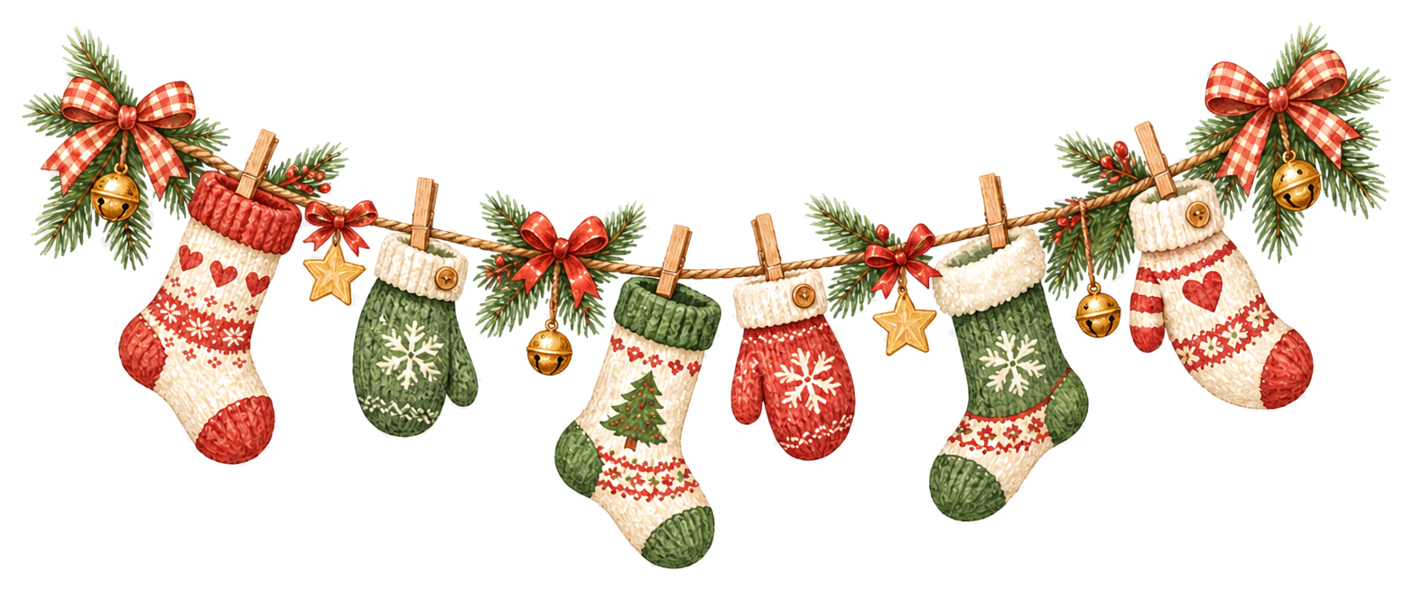 靴下とミトンのクリスマスガーランドイラスト｜水彩絵本タッチの無料素材96297に写真・文字を入れる