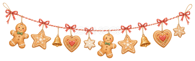 ジンジャーブレッドクッキーのガーランドイラスト|水彩絵本タッチの無料素材96298
