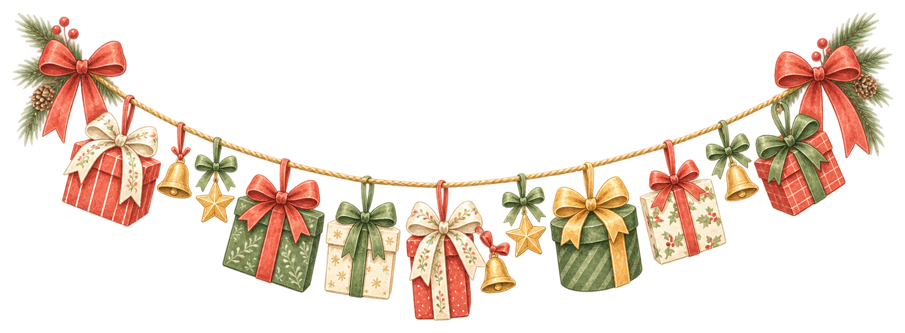 プレゼントボックスのクリスマスガーランドイラスト｜水彩絵本タッチの無料素材96299に写真・文字を入れる