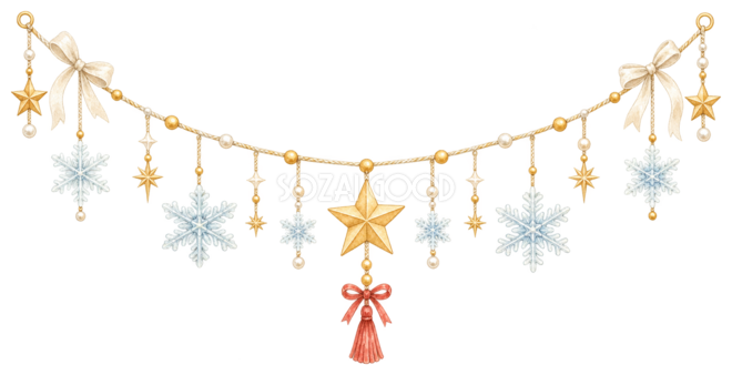 星と雪の結晶のクリスマスガーランドイラスト｜水彩絵本タッチの無料素材96300