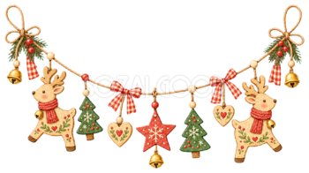木製トナカイとツリーのクリスマスガーランドイラスト｜水彩絵本タッチの無料素材96302
